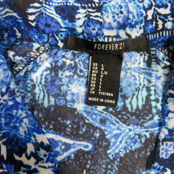 Forever 21 Blue Pullover Blouse Sz Large Sheer Abstract Floral Bow Long Sleeves - Picture 5 of 5